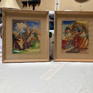 2 Watercolor paintings of Quechua musicians Andean